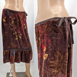 Vintage y2k Kenneth Cole Silk Velvet Midi Skirt Brown Fairy Ruffle Lace Size 6